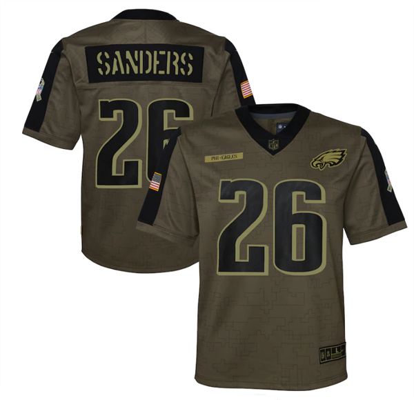 Youth Philadelphia Eagles #26 Miles Sanders 2021 Olive Salute To Service Limited Stitched Jersey